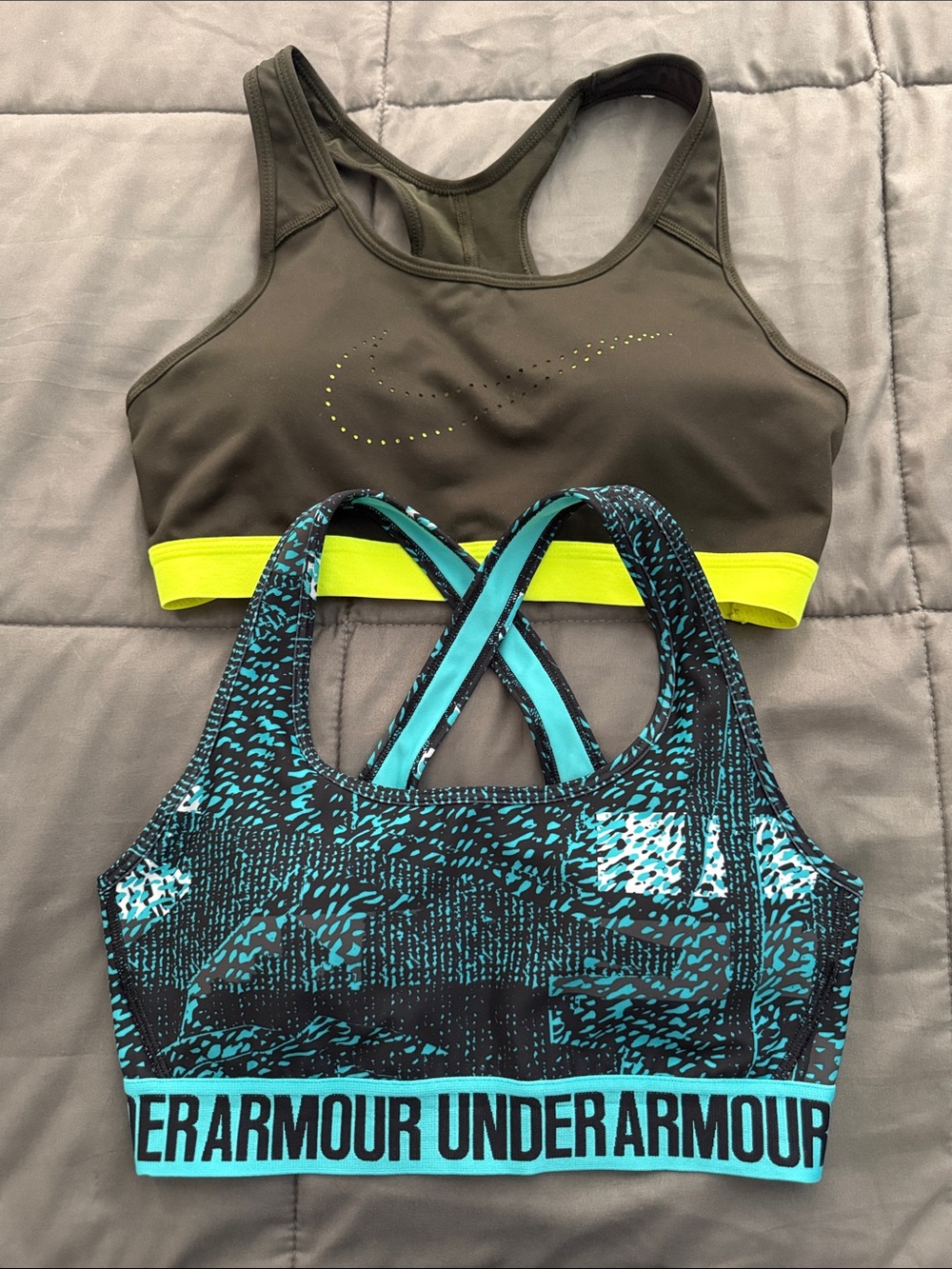 Under Armour and Nike Olive & Teal Patterned Sports Bras - Pack of 2